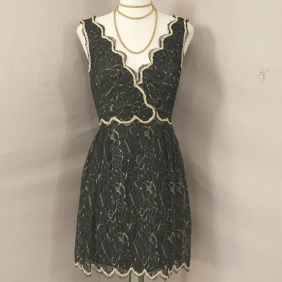 Vintage Dresses | Sexy Vintage Mini Dress Black Lace W Metallic Gold Plunge Neckline Party Prom | Color: Black/Gold | Size: M | Pm-32239210'S Closet